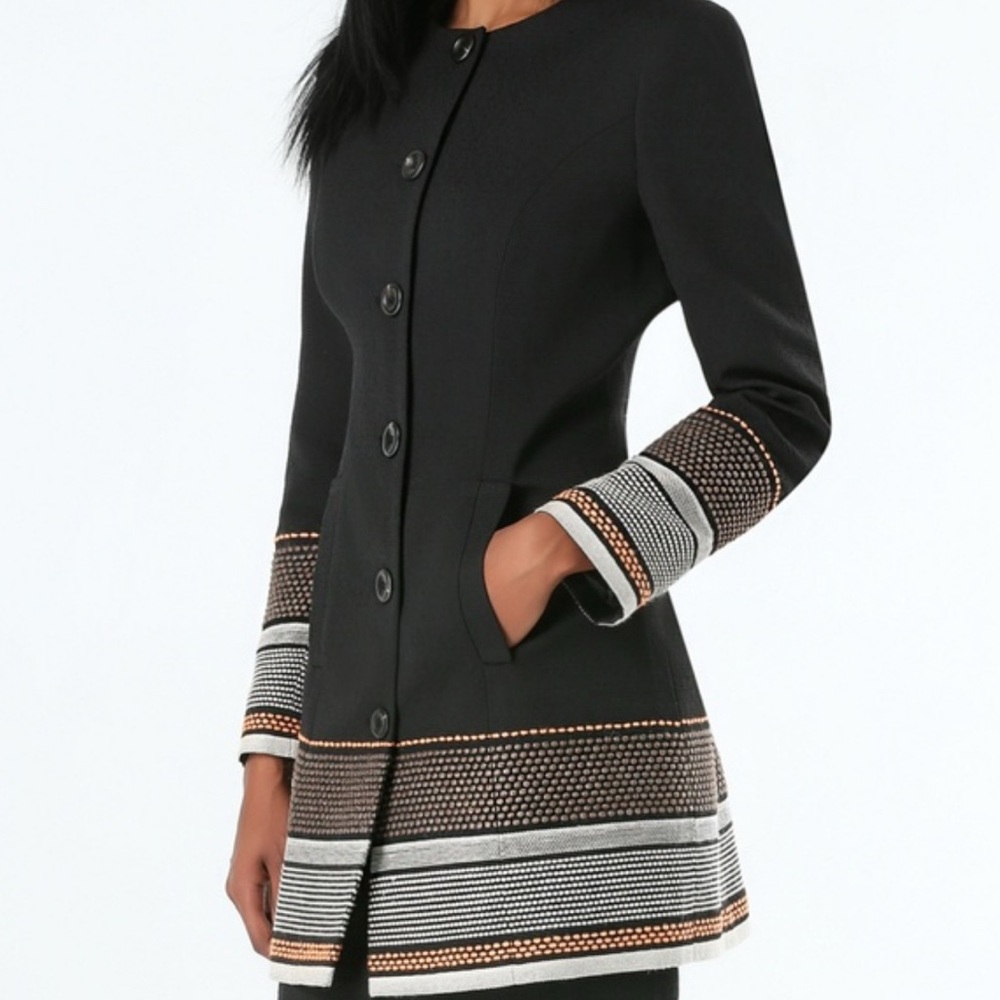 BEBE Pea-Coat Jacket Wool Blend Jacquard Detail Hourglass Black White Orange 4
